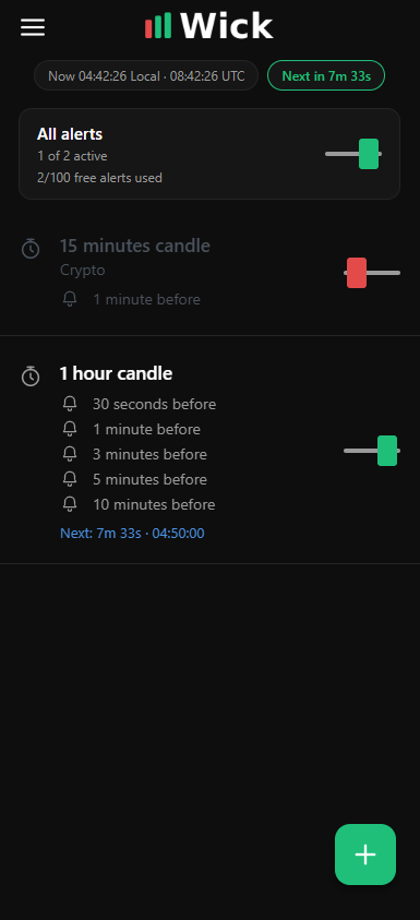 Wick app home screen showing active candle alerts