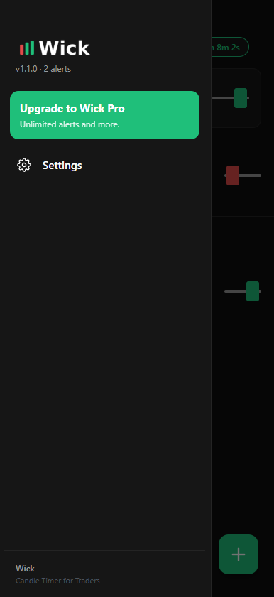 Wick app menu screen showing pro features coming soon