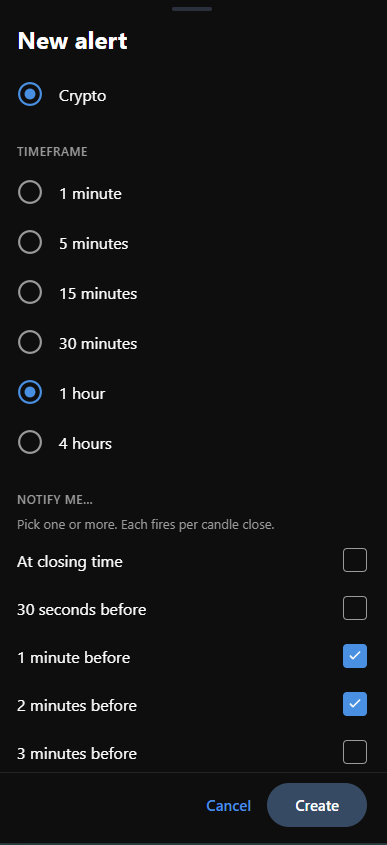 Wick app wizard for creating a new candle alert