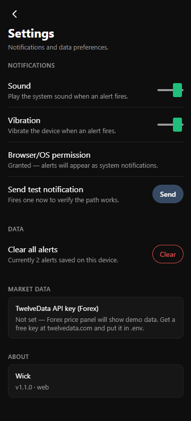 Wick app settings screen for customizing alerts